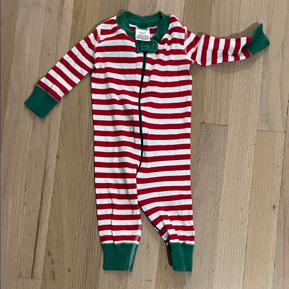Hanna Andersson Red and White Striped Footie with Green Trim